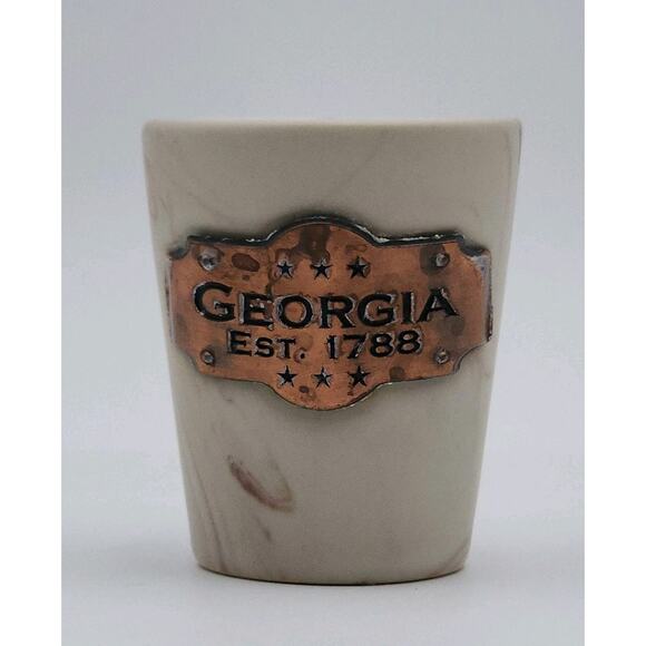 GEORGIA Ceramic Shot Glass Marble Look Copper Plate Est 1788 Collectible Barware - Picture 2 of 9